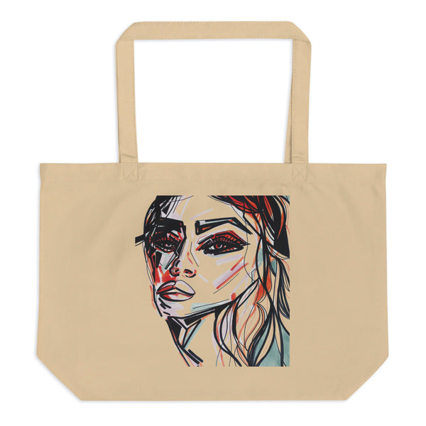 Biobaumwoll-Tasche zum Shoppen mit einem künstlerischen Motiv, eine abstrakte Illustration einer Frau